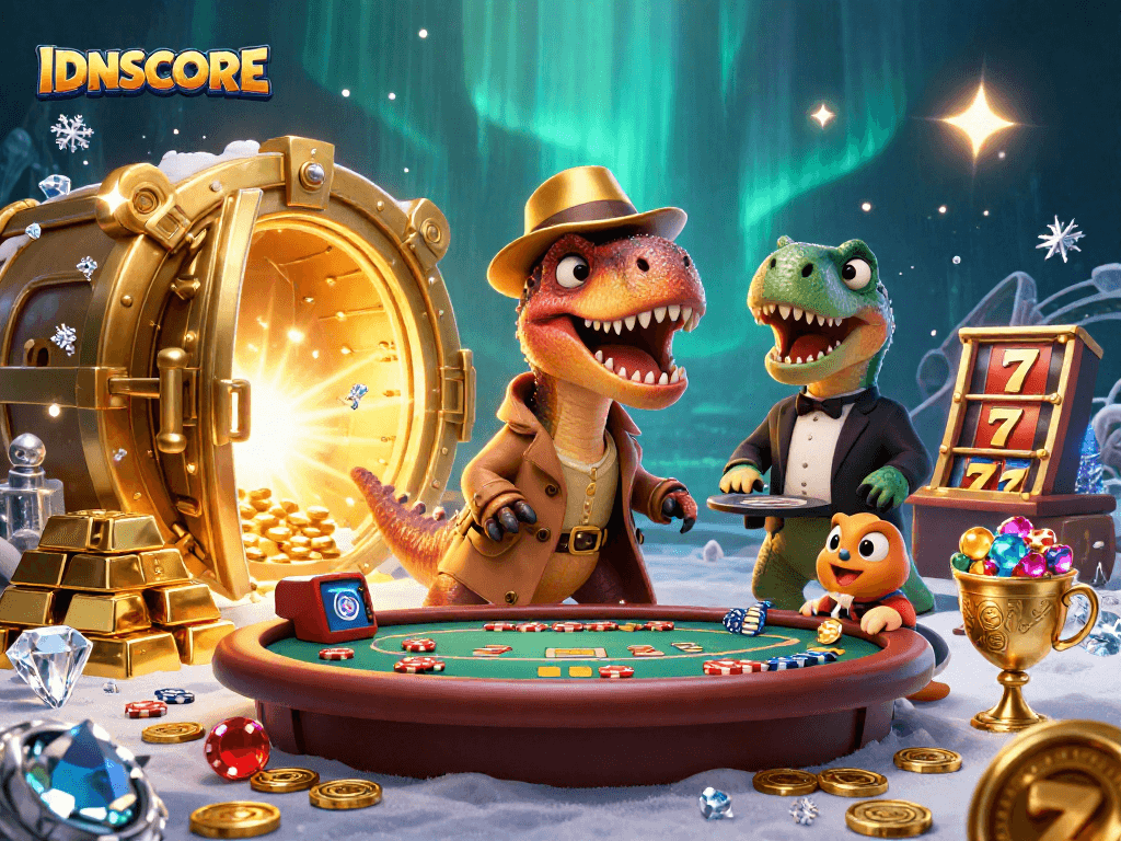 IDNSCORE enhances gaming thrills with a velociraptor card counter, stegosaurus pit boss, and vibrant casino treasures.