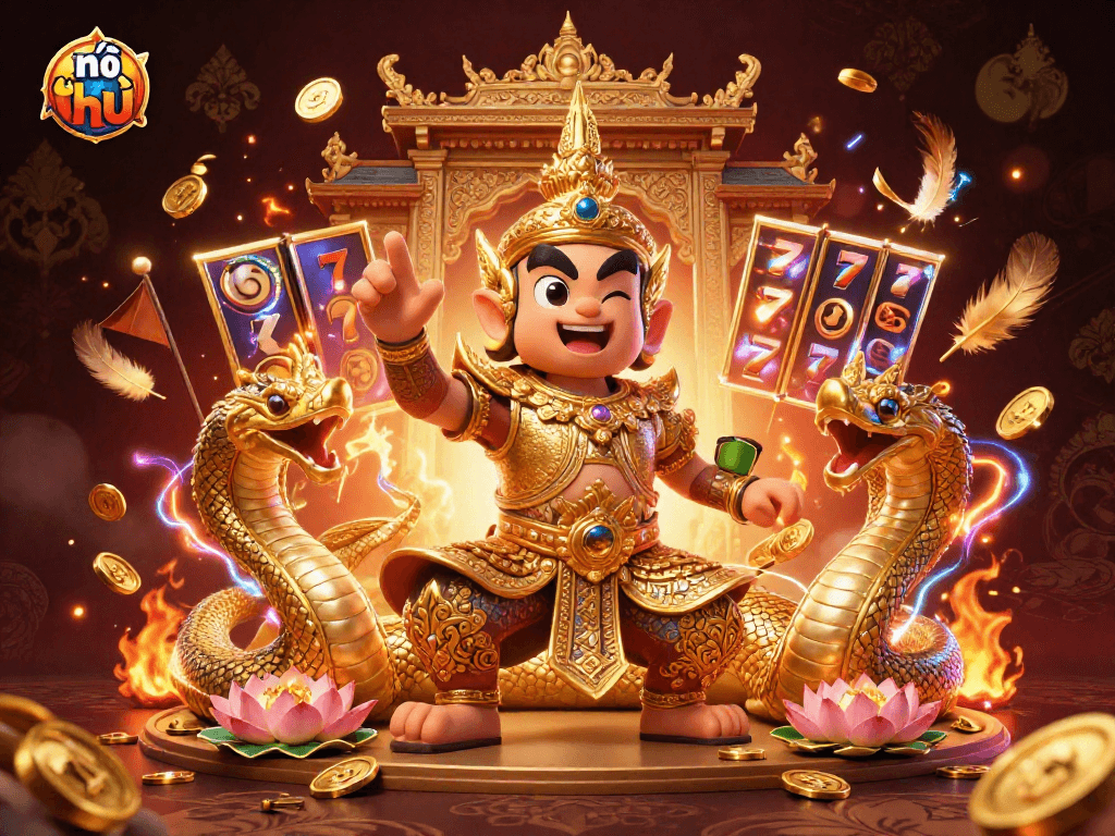 Engage in thrilling nổ hũ gameplay with 3D illustrated guardian characters and vibrant casino elements.
