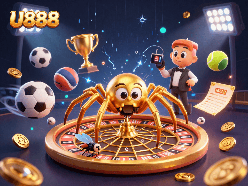 Engage in thrilling bets at U888’s dynamic roulette wheel with spinning characters and vibrant sports elements.