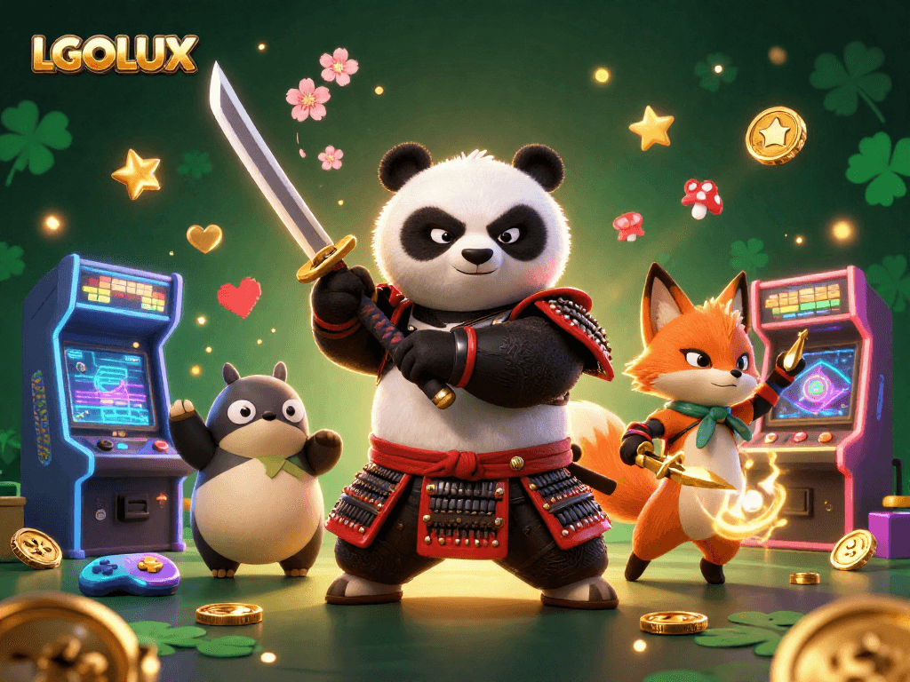 Experience high-energy gaming in LGOLUX with samurai panda and ninja fox gaming action.