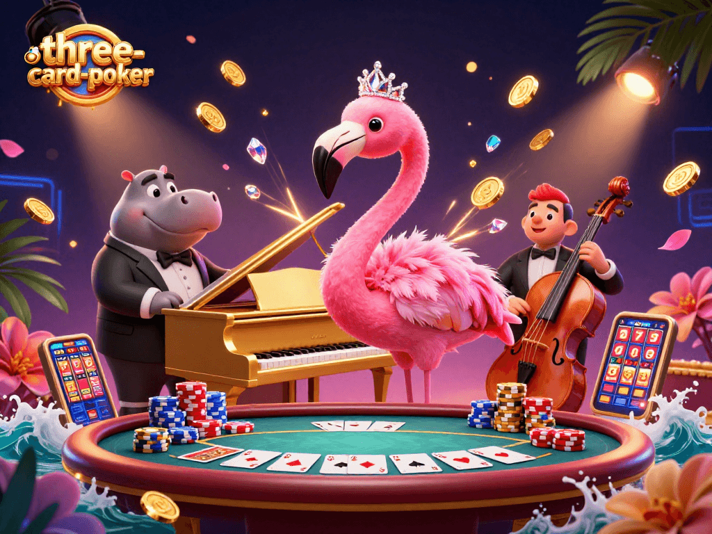 Play three-card-poker with excitement as flamingo and hippo shine in a casino vibe.