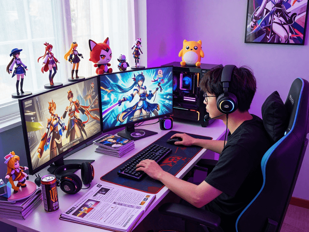 Gamer immersed in gacha168 world, colorful screens showcasing characters and vibrant gaming setup.
