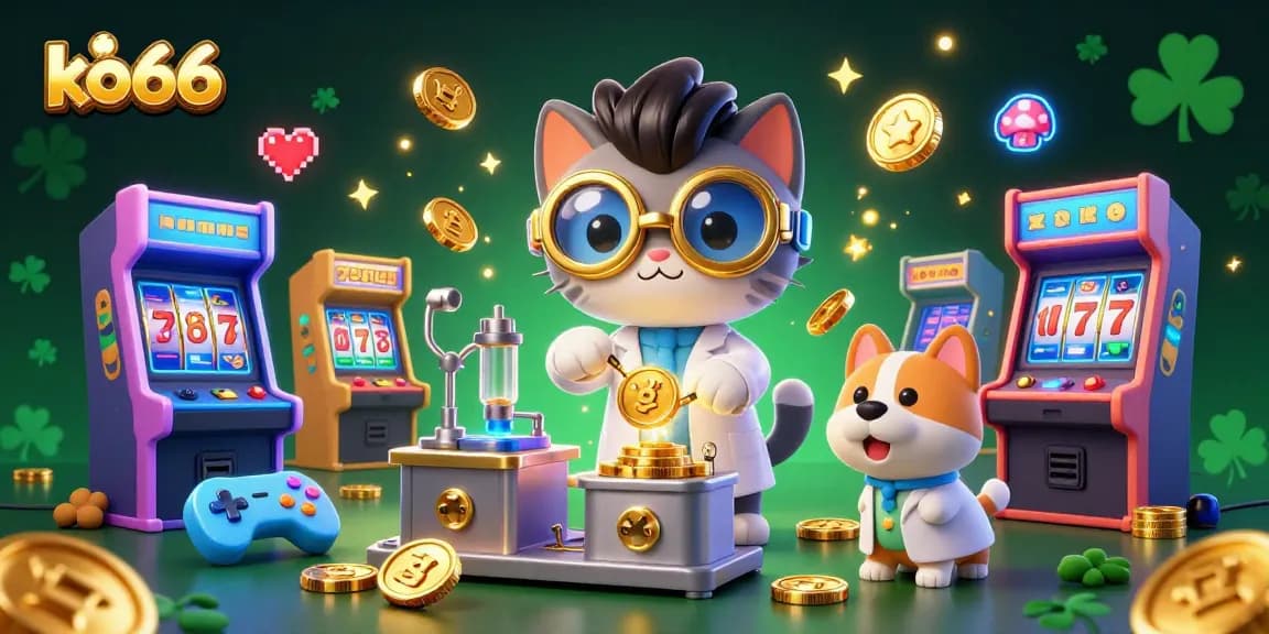 Experience thrill at ko66 with a dynamic 3D illustration of gaming excitement and casino magic.