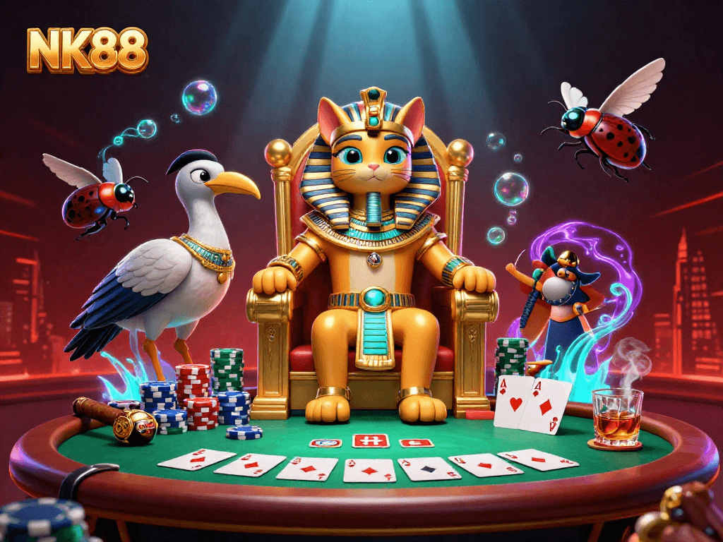 Join the thrilling world of NK88, where the Egyptian pharaoh cat presides over a vibrant poker scene.