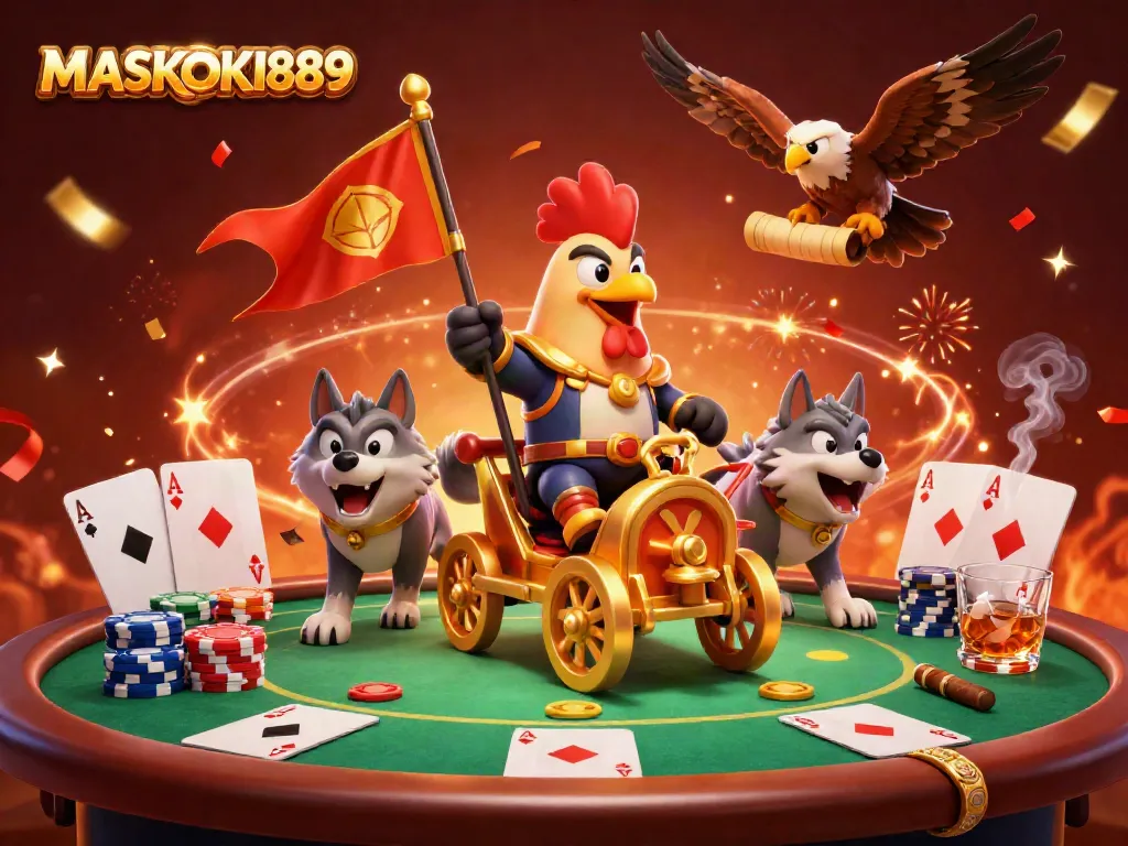 Join the excitement at MASKOKI889 with a vibrant scene showcasing animated casino thrills and poker action.