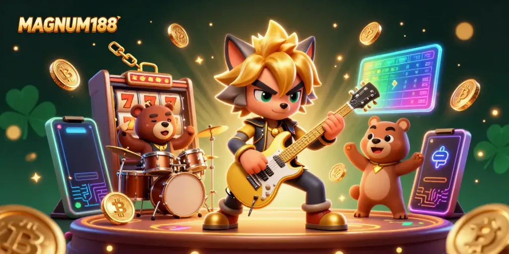 Experience thrilling gaming with MAGNUM188 as a rock star wolf and drummer bear rock the casino stage.