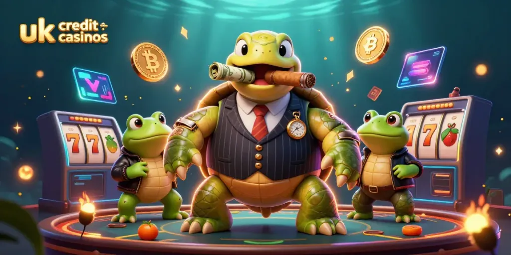 Engage with top UK credit card casinos featuring vibrant 3D turtles in a casino setting.