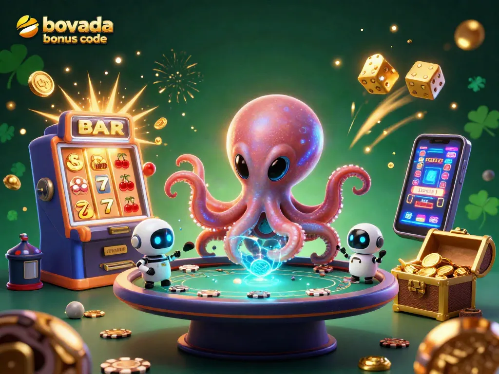 Engage with the Bovada bonus code in a vibrant casino scene featuring an alien octopus and a tiny robot.
