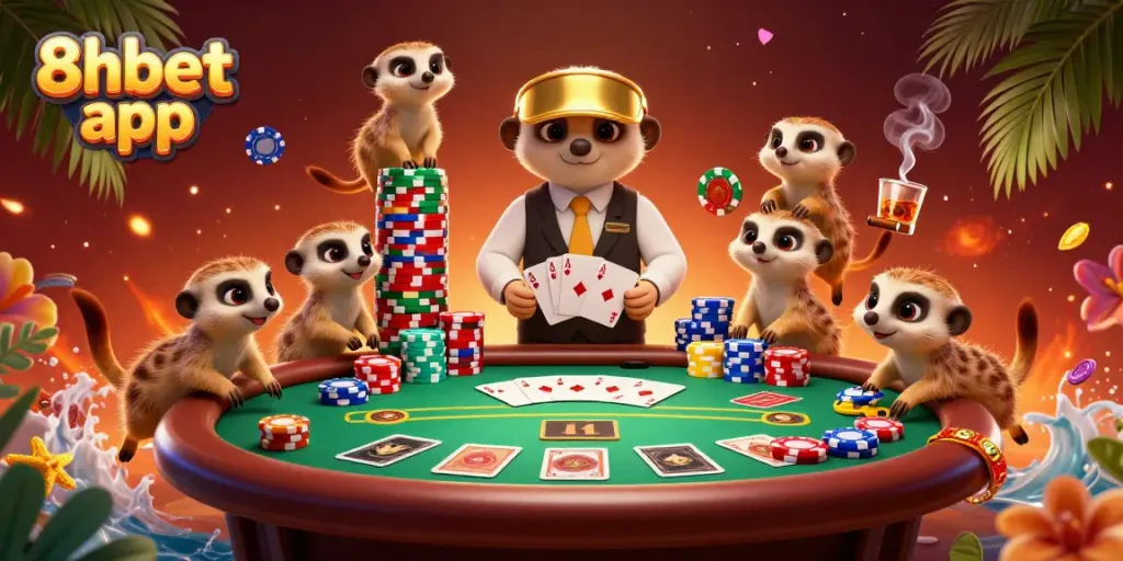 Meerkats running a casino operation in vibrant 3D style with the 8xbet app logo in a colorful scene.
