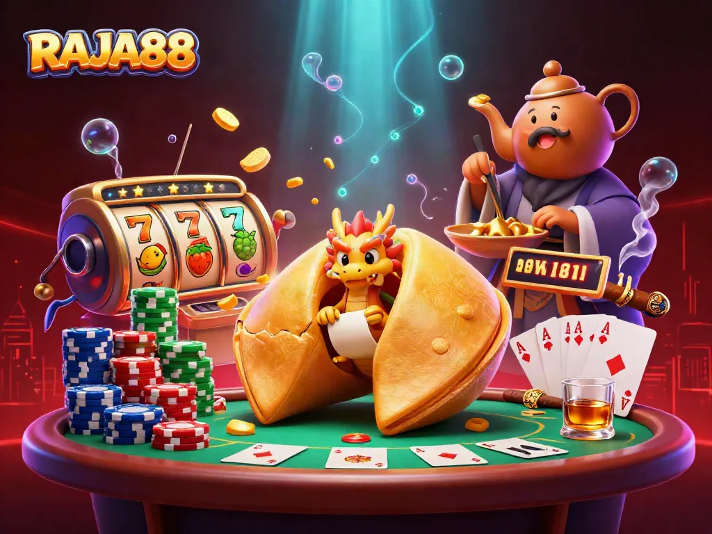 RAJA88 memperlihatkan kekayaan dalam ilustrasi 3D dengan kue keberuntungan dan elemen kasino yang dinamis.