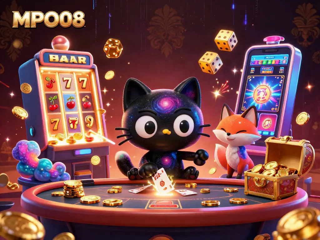 MPO08 transforms gameplay with unique characters at a bustling cosmic casino table filled with riches.