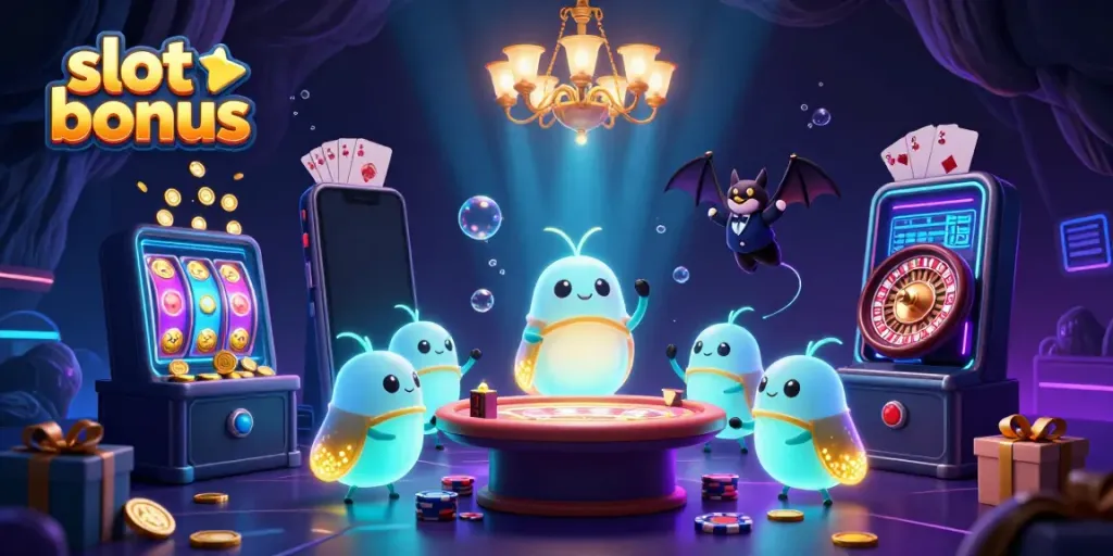 Experience the excitement of slot bonus gaming in a vibrant, colorful cave casino scene