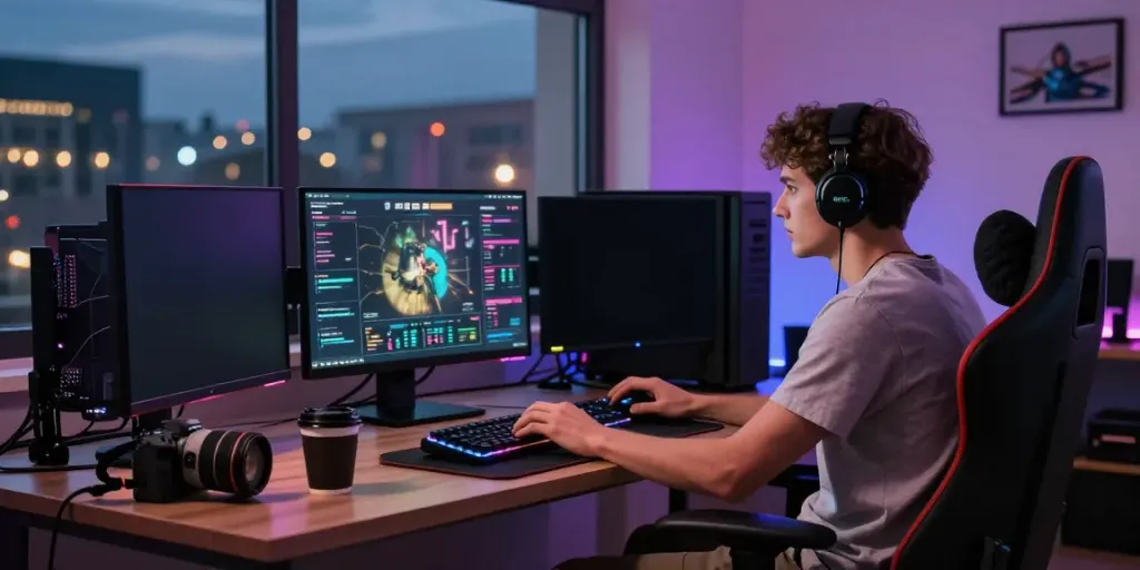 singatoto login in a modern gaming setup with vibrant RGB lighting and multiple screens.