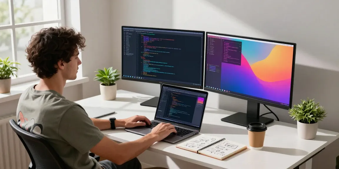 The A80 website tech workspace with dual monitors and vibrant coding display.