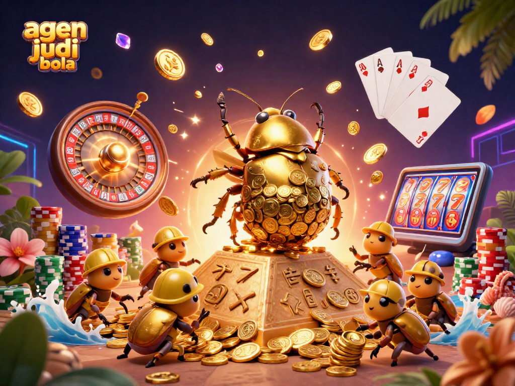 Experience agen judi bola excitement with golden coins, spinning roulette, and vibrant gaming elements.