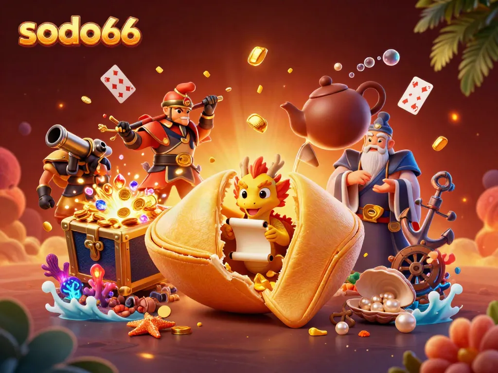 Sodo66 captivates players with a vibrant scene of winning treasures, featuring a golden fortune cookie and dragon.