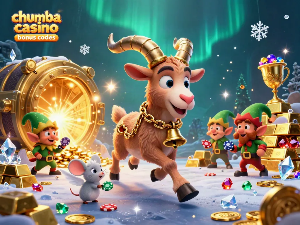Engage with chumba casino bonus codes in a festive 3D casino scene filled with characters and treasures.