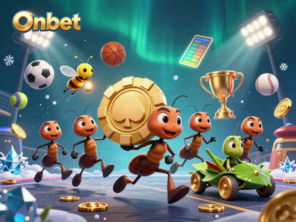 Onbet illustrates a team of ants running a heist with a golden poker chip, amid a vibrant, dynamic gaming scene.