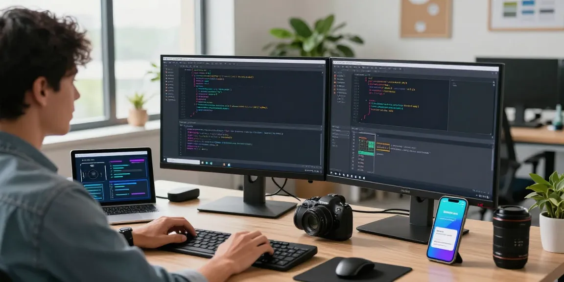 Dynamic tech workspace with go8 developer coding on dual monitors, vibrant software design atmosphere.
