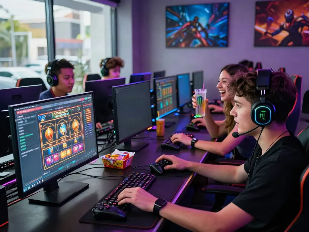 Gamers engaging in intense multiplayer sessions on high-performance PCs with QQMacan interface visible.