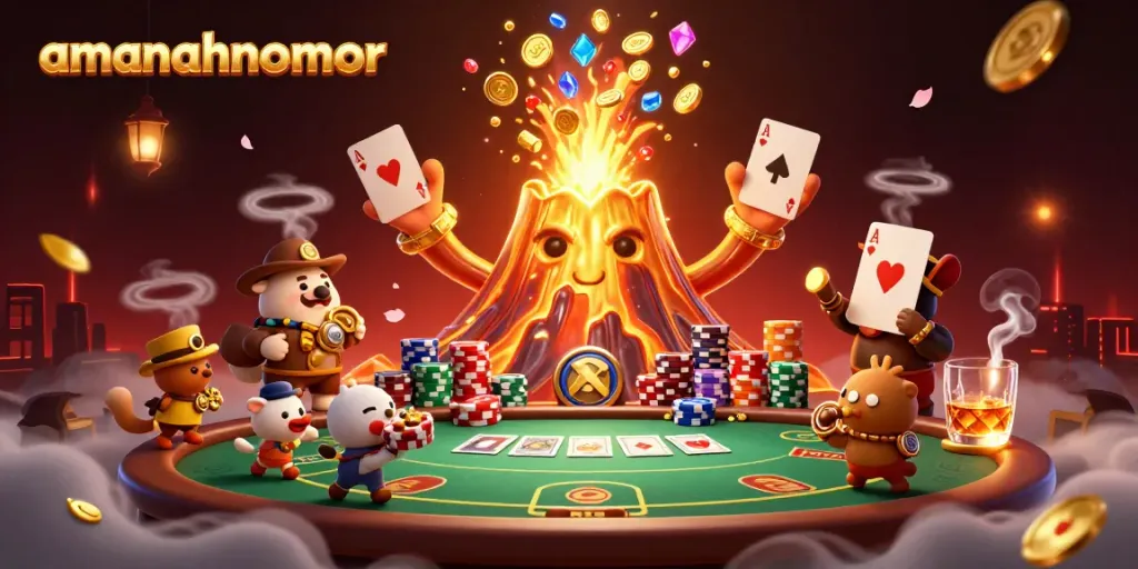 Menggenggam kemenangan di amanahnomor, karakter bercarta bermain sambil diselimuti gemerlap koin dan bonus kasino.
