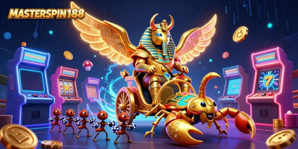 Experience thrilling slots with MASTERSPIN188's vibrant casino illustration featuring dynamic gaming elements.