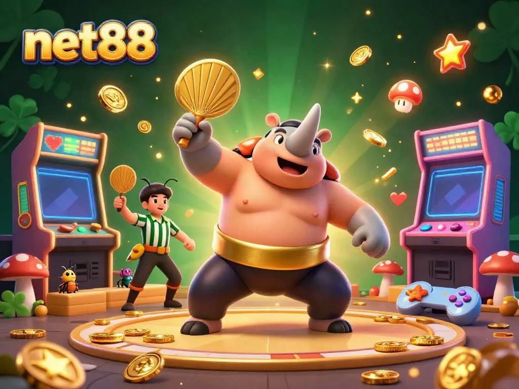 Experience net88's exhilarating gaming world with a dynamic scene featuring charming characters and casino elements.