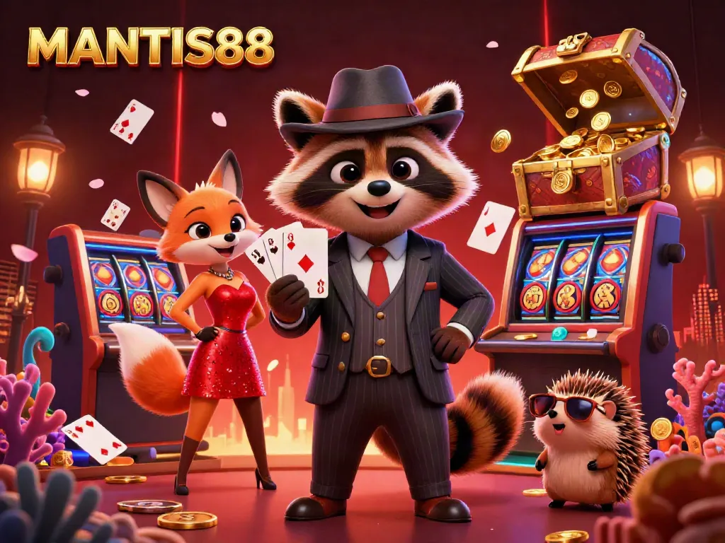 MANTIS88 card game scene with a stylish raccoon, fox, and hedgehog characters enjoying vibrant casino excitement.
