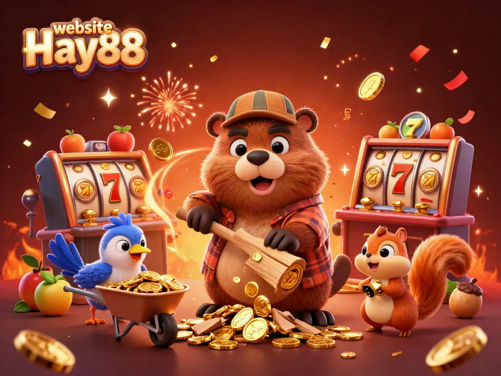 Engage in thrilling gameplay with the vibrant website Hay88, showcasing a cartoon beaver amidst raining gold coins and slot machines.