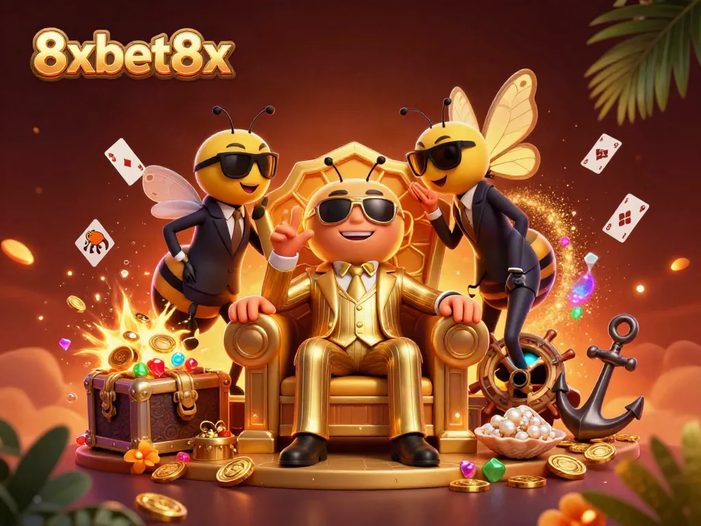 Engage in thrilling gaming adventures at 8xbet8x, featuring a dynamic cartoon scene with a bumblebee mob boss.
