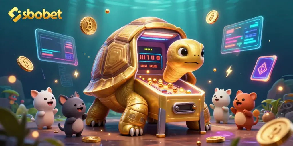 Experience vibrant sbobet action with a golden tortoise pinball, crypto coins, and excited animals in a dynamic scene.