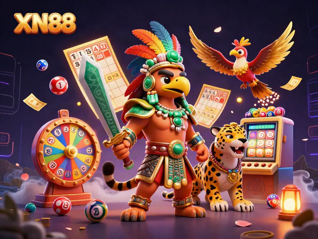 Xn88 casino illustration showing Aztec warrior characters engaging in an exciting gaming environment with vibrant elements.