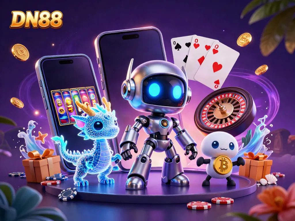 Experience the vibrant gaming atmosphere of DN88 with our dynamic robot mascot and digital elements.