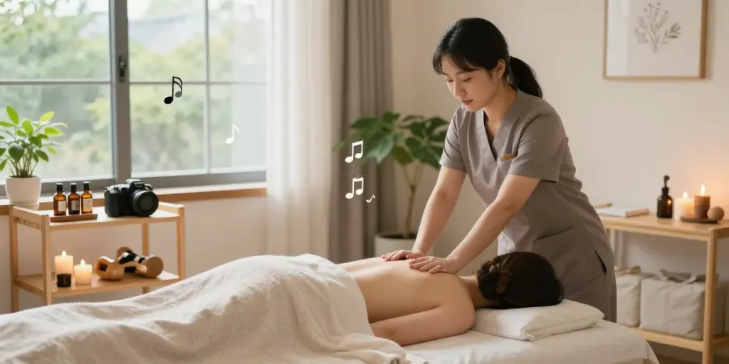 Relaxing 의정부출장마사지 scene in a tranquil wellness studio with soothing ambiance.