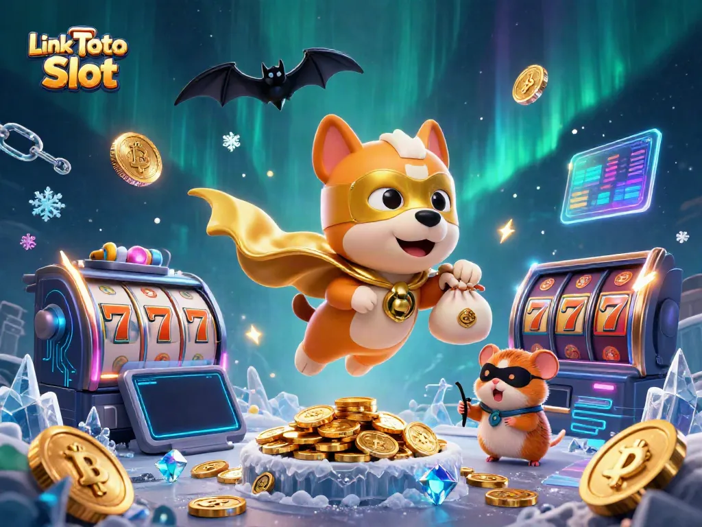 Menghadirkan Link Toto Slot, anjing superhero mengumpulkan koin emas dalam permainan slot yang dinamis.