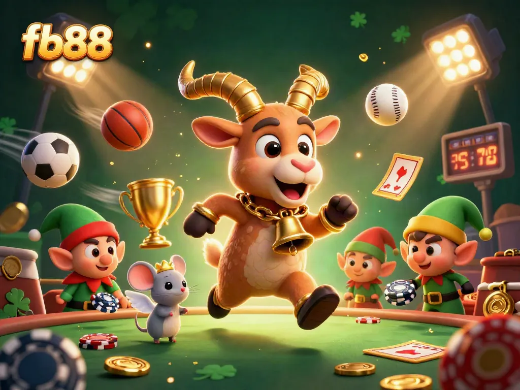 Experience thrilling gameplay with fb88 in a festive, vibrant casino scene featuring lively characters and sports betting excitement.