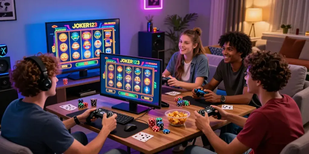 บรรยากาศการเล่นเกมสล็อต JOKER123 สนุกสนานในห้องนั่งเล่นที่มีเพื่อนๆ ร่วมลุ้นเกม