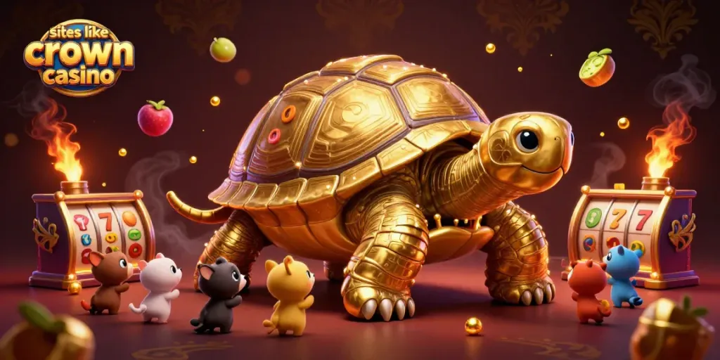Play exciting games on sites like crown coins casino with a vibrant 3D illustration of a golden tortoise and interactive elements.