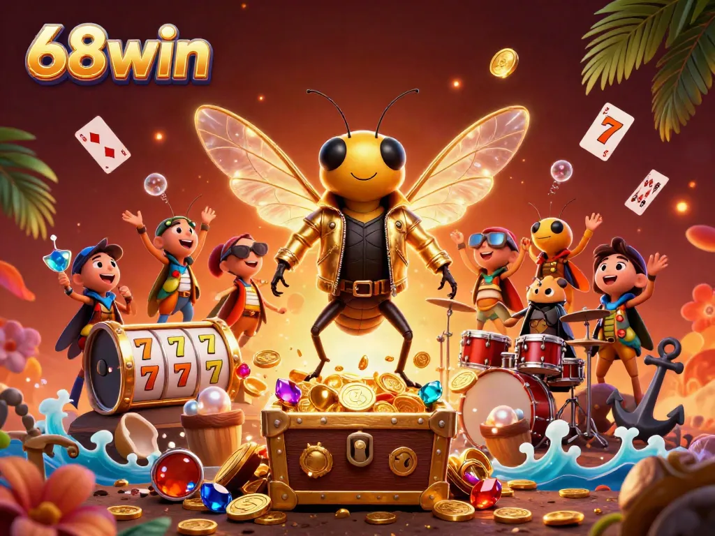 Experience thrilling gameplay at 68win with vibrant characters and gold treasures in this casino-themed illustration.
