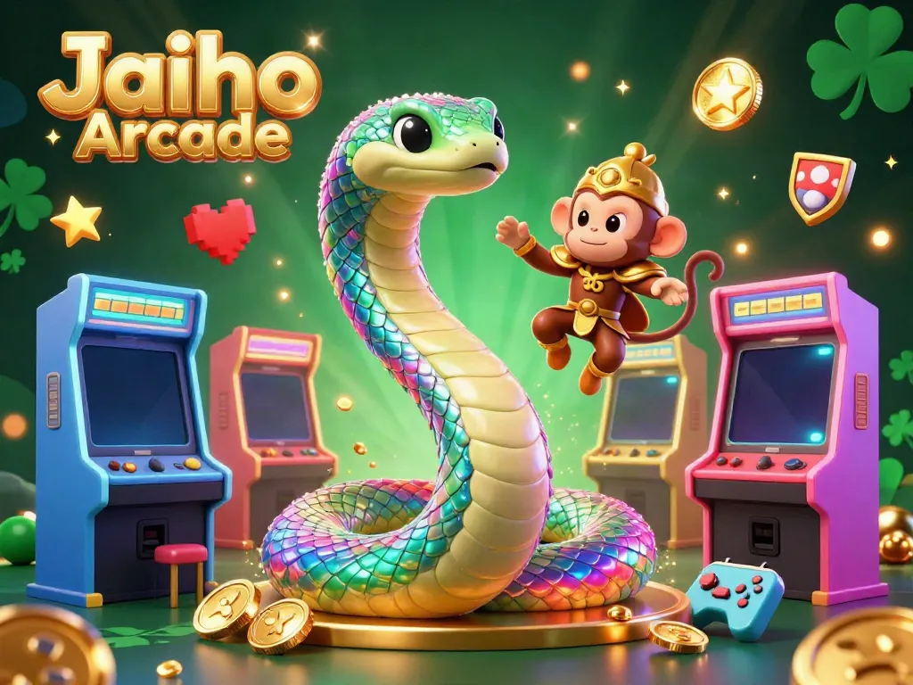 Experience the excitement at Jaiho Arcade with a colorful casino-themed scene featuring characters and arcade elements.