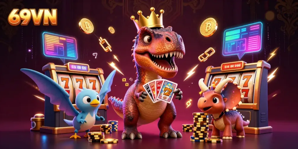 Experience the excitement of 69VN casino with a fun T-Rex shuffling cards and a triceratops stacking chips in a vibrant 3D scene.