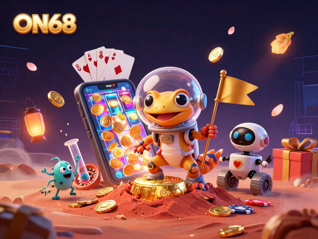 ON68 Martian gecko and robot rover explore a golden casino with vibrant slot games and joyful alien bacteria.