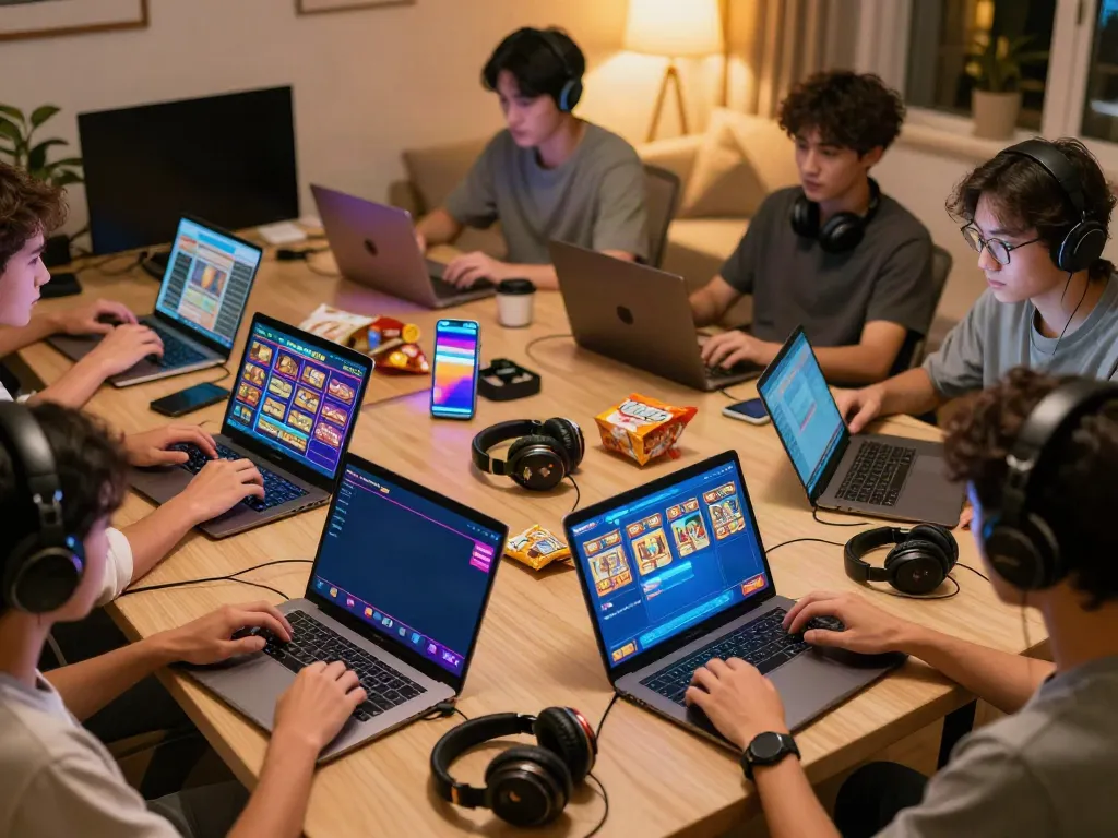 Players enjoying online slot games on ahha4d platform in a cozy gaming space.