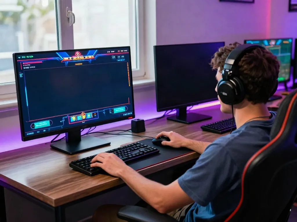 Player engaging with qqmacan slot game on a vibrant screen with gaming accessories.