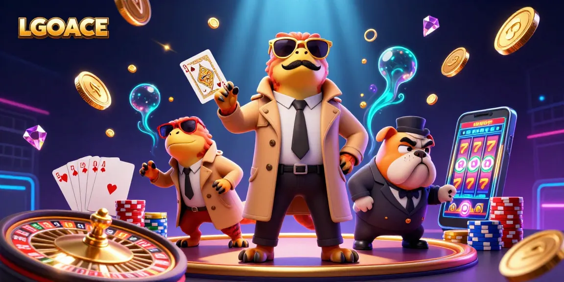 LGOACE showcases raptors in a trench coat navigating a casino, while golden coins float around.