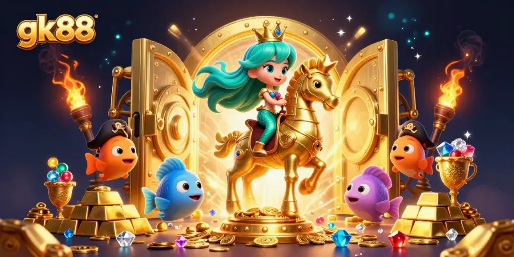 Experience the excitement of gambling at gk88 while interacting with colorful characters in a dynamic underwater casino scene.