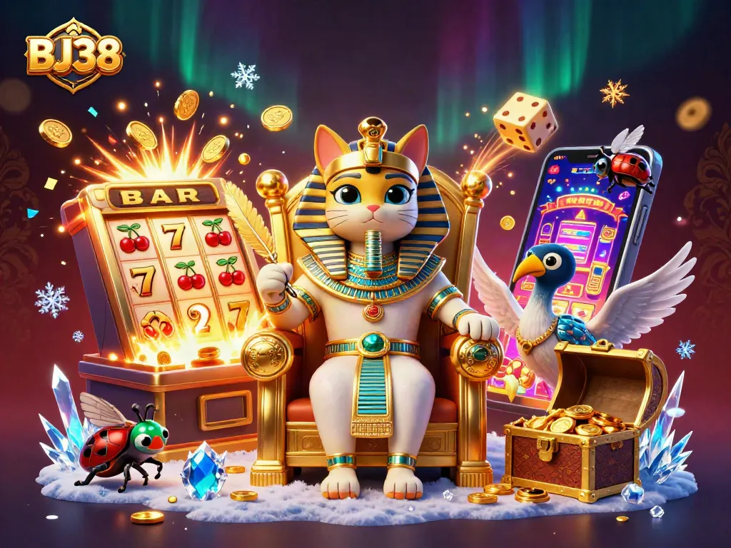 Experience BJ38 with a vibrant Egyptian casino scene featuring a pharaoh cat, dynamic slots, and vibrant gameplay elements.