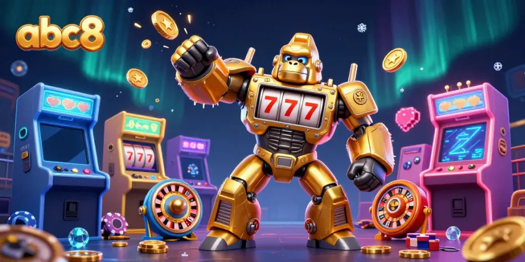 Experience winning thrills with the abc8 golden gorilla mech bursting with coins in a vibrant casino world.