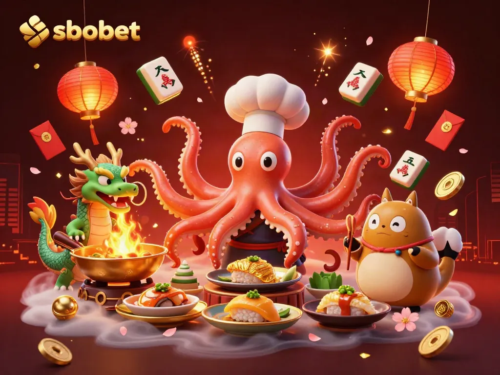 Shoot for big wins with sbobet as a fun sushi chef octopus, dragon, and customer celebrate with gold dishes and fireworks.