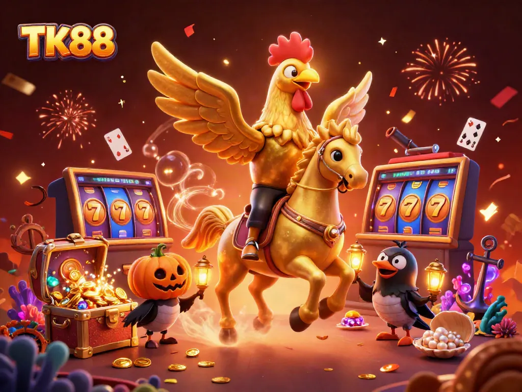 Experience thrilling adventures at TK88 with a vibrant casino scene filled with action-packed gaming elements.